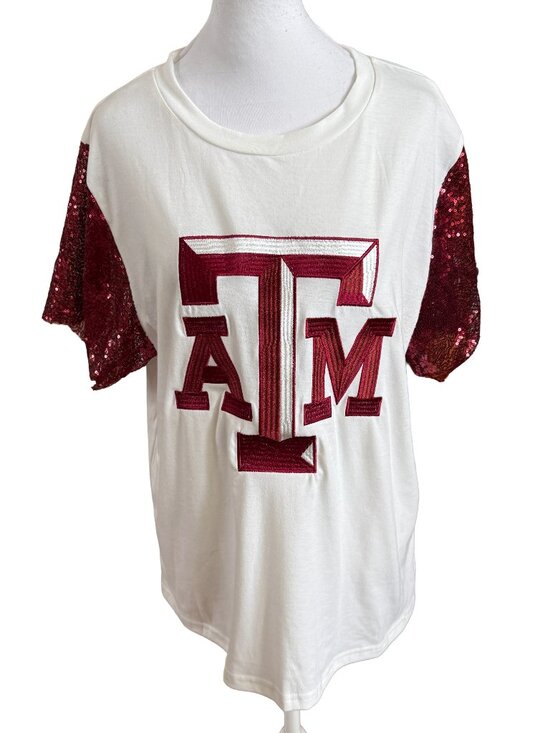 Unbranded Tops - Texas A&M Women's Large White T-Shirt with Red Mesh Sequin Short Sleeves